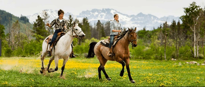Confident plus-size woman riding Middlesex a horse through a field with a smile on her face.